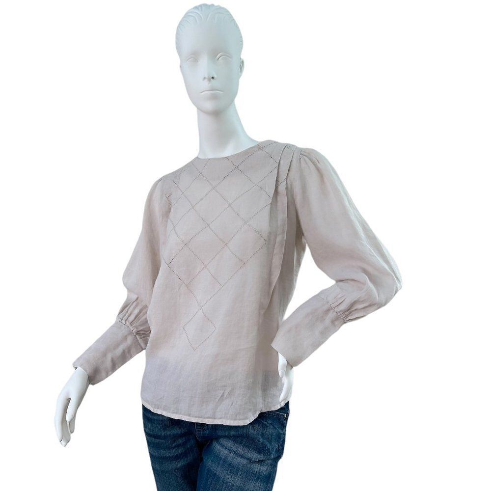 INTROPIA Anthropologie Beige Linen Diamond Pattern Blouse Mutton Sleeves Sz 38 M